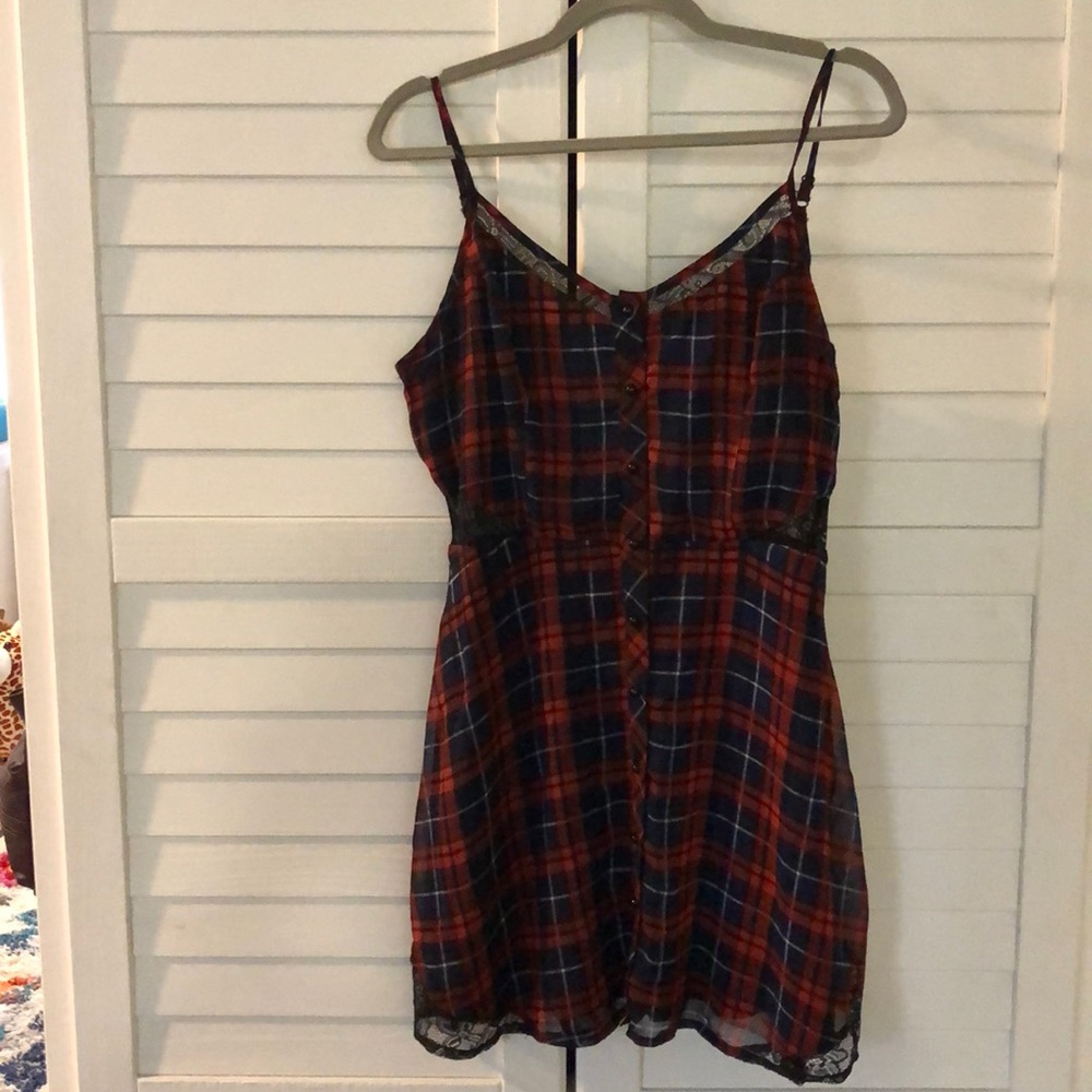 TOBI RED + NAVY PLAID MINI DRESS W/LACE DETAILS